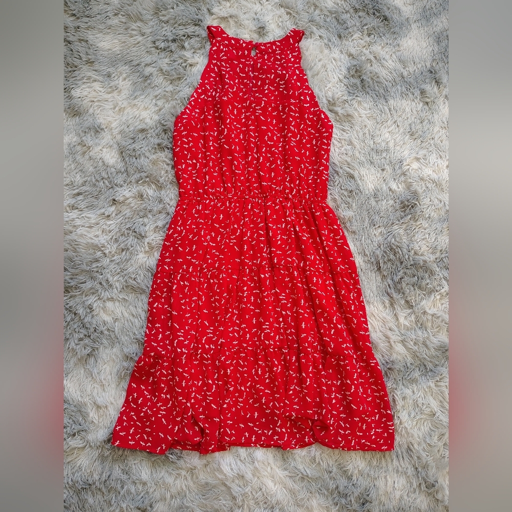 *NWOT* Monteau LA Women's Medium Red Ruffle Tiered Sleeveless Halter Midi Dress - Picture 8 of 13
